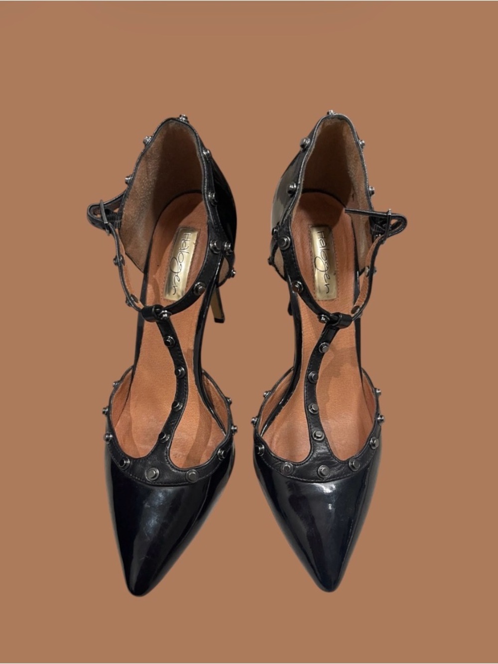 Black Studded T-Strap Pointed Toe Heels by Report Signature
